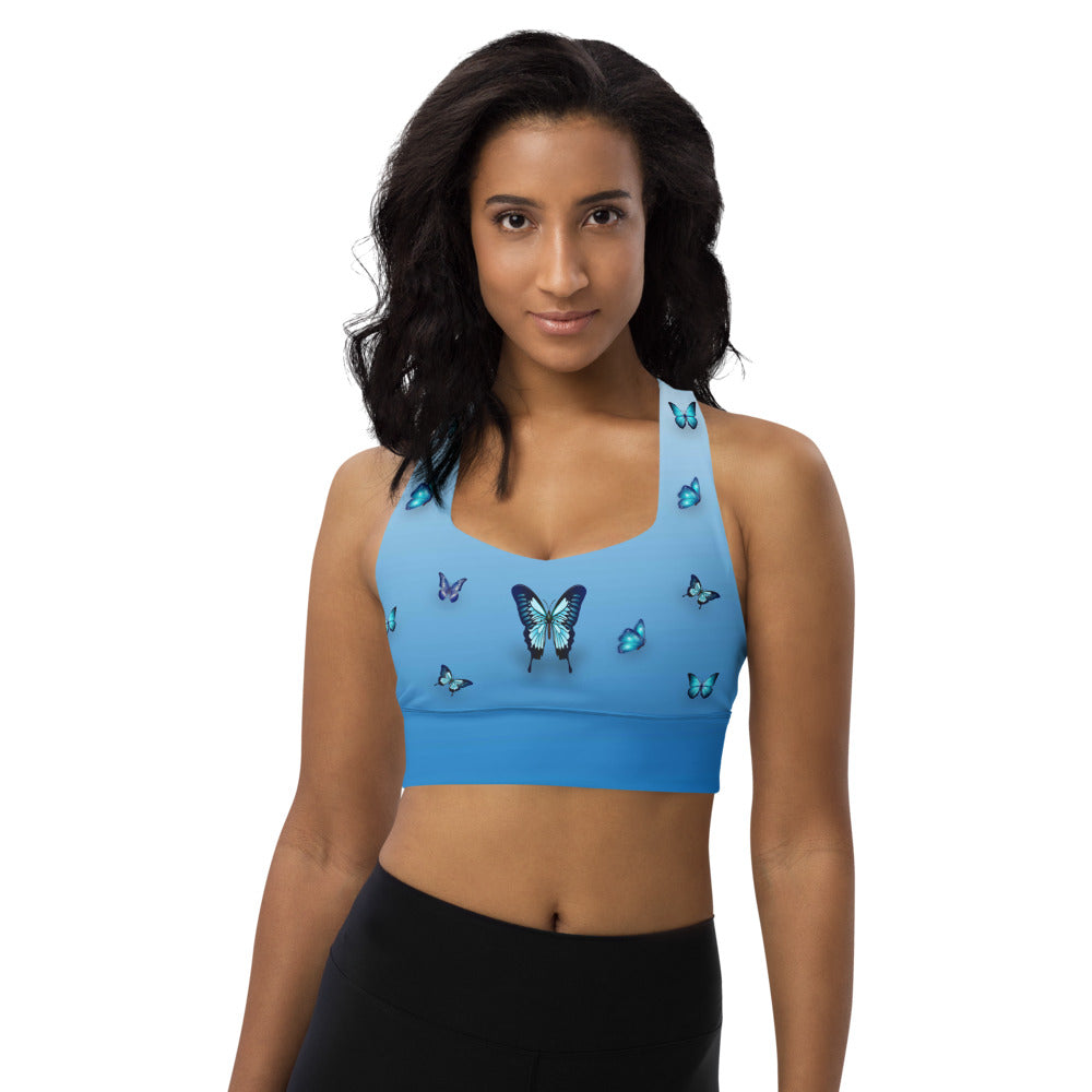 Blue Butterflies Longline Sports Bra