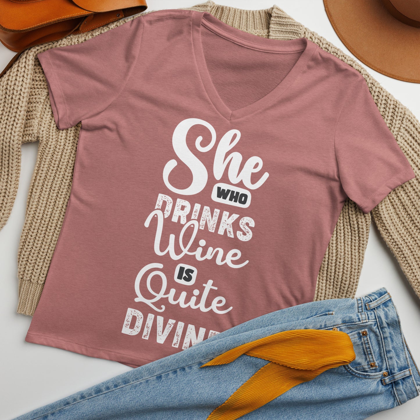 She Who Drinks Wine is Quite Divine Women’s V-neck t-shirt