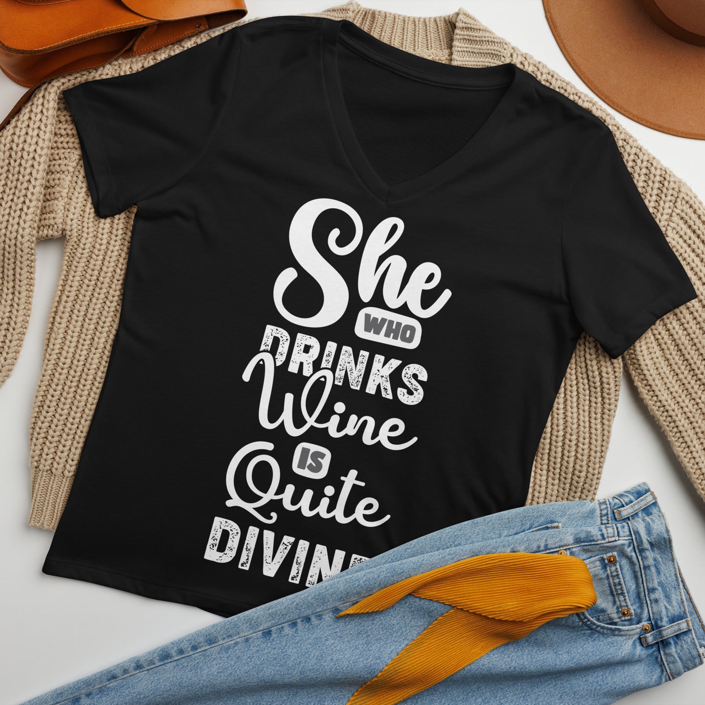 She Who Drinks Wine is Quite Divine Women’s V-neck t-shirt